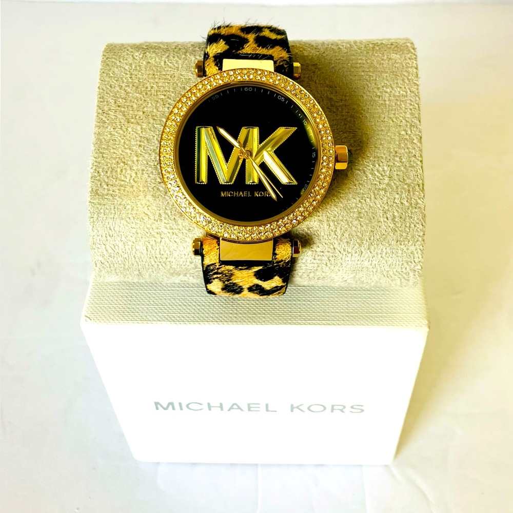 MICHAEL KORS Womens MK4723 'Parker' Gold Tone Pave Calf Hair Cheetah Watch